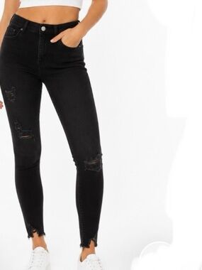 Forever 21 Black Super High Waisted Distressed Skinny Split Hem Denim Jeans